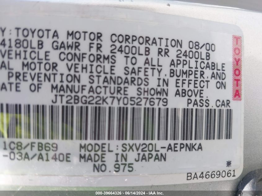 2000 Toyota Camry Le VIN: JT2BG22K7Y0527679 Lot: 39664326