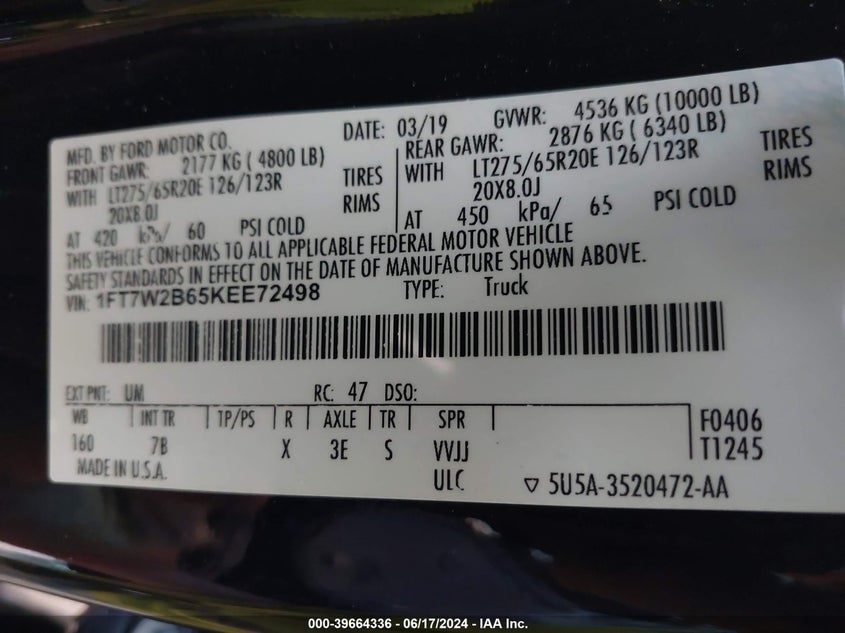 2019 Ford F-250 Platinum VIN: 1FT7W2B65KEE72498 Lot: 39664336