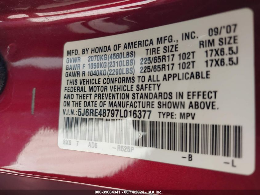 2007 Honda Cr-V Ex-L VIN: 5J6RE48797L016377 Lot: 39664341