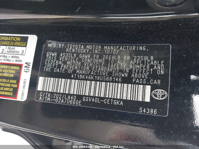 2008 Toyota Camry Xle V6 VIN: 4T1BK46K18U568146 Lot: 39664343