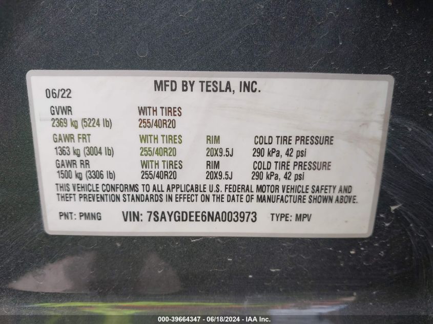 2022 TESLA MODEL Y - 7SAYGDEE6NA003973