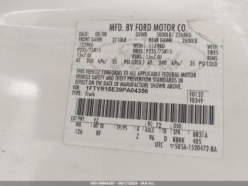 2009 Ford Ranger Fx4 Off-Road/Sport/Xl/Xlt VIN: 1FTYR15E39PA04356 Lot: 39664357