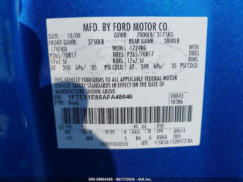 2010 Ford F-150 Stx/Xl/Xlt VIN: 1FTEX1E85AFA48646 Lot: 39664365