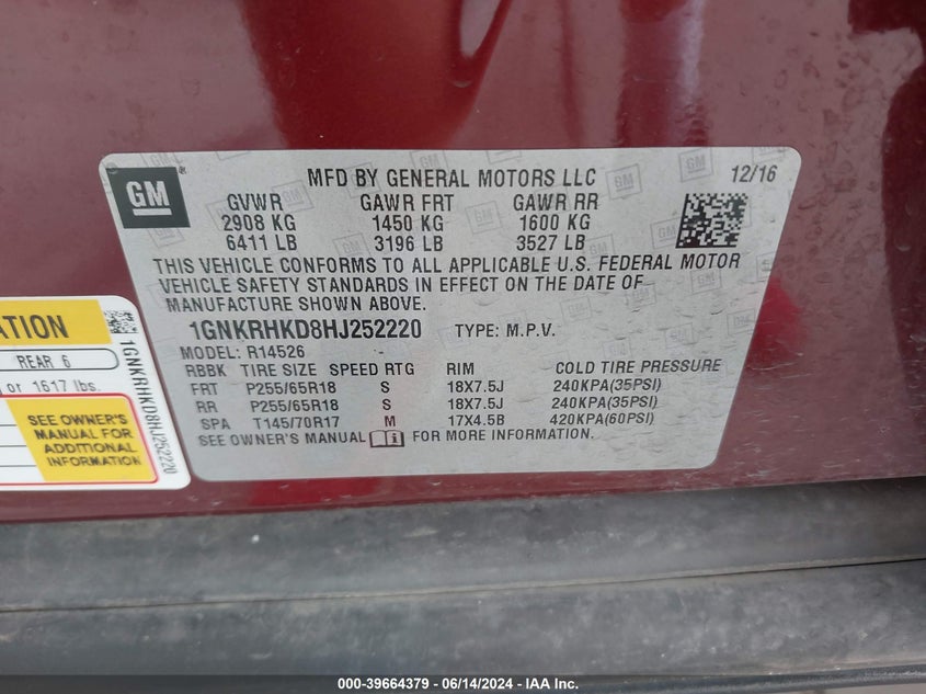 2017 Chevrolet Traverse 2Lt VIN: 1GNKRHKD8HJ252220 Lot: 39664379