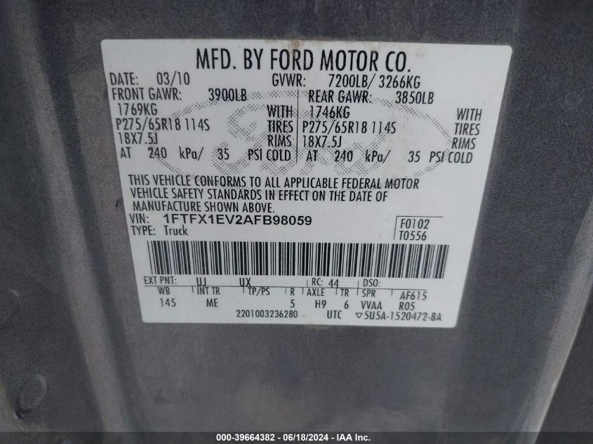 2010 Ford F-150 Fx4/Lariat/Xl/Xlt VIN: 1FTFX1EV2AFB98059 Lot: 39664382