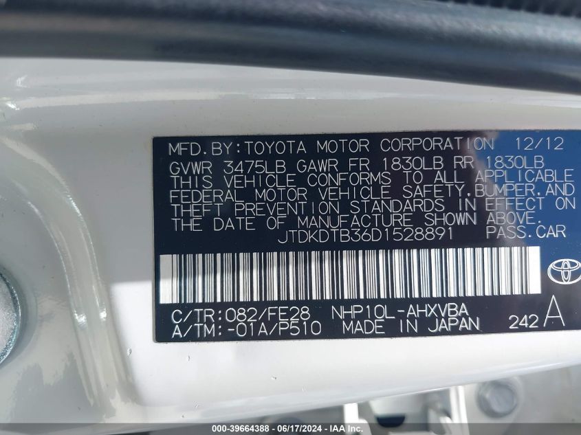 2013 Toyota Prius C One VIN: JTDKDTB36D1528891 Lot: 39664388