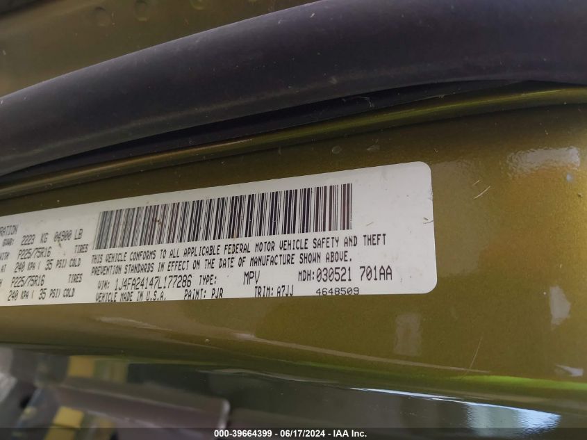 2007 Jeep Wrangler X VIN: 1J4FA24147L177286 Lot: 39664399