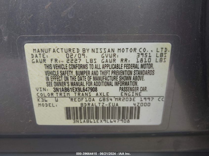 2009 Nissan Sentra 2.0S VIN: 3N1AB61EX9L647908 Lot: 39664415