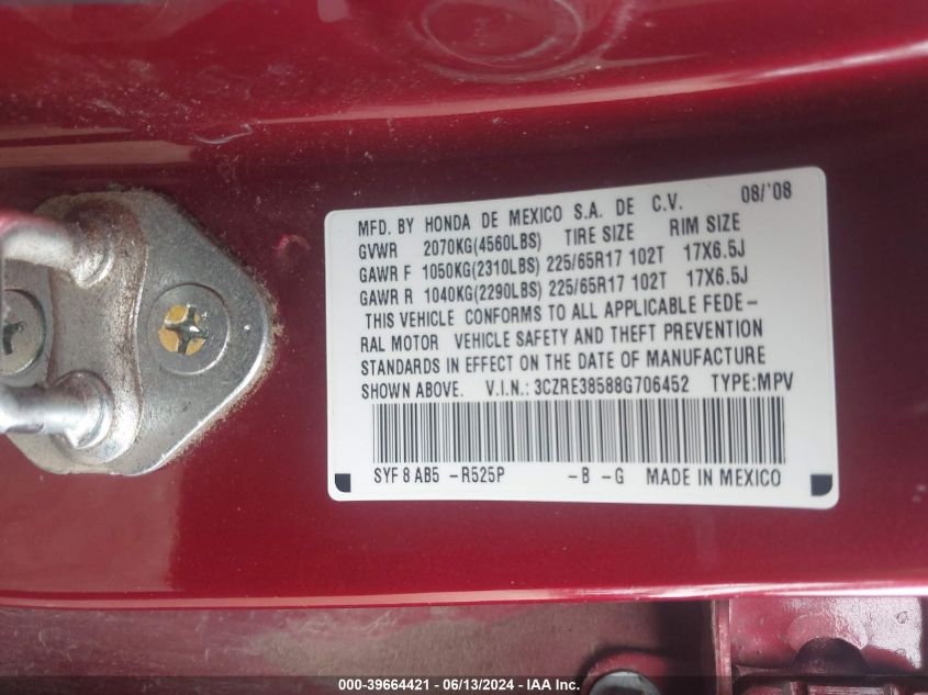 2008 Honda Cr-V Ex VIN: 3CZRE38588G706452 Lot: 39664421