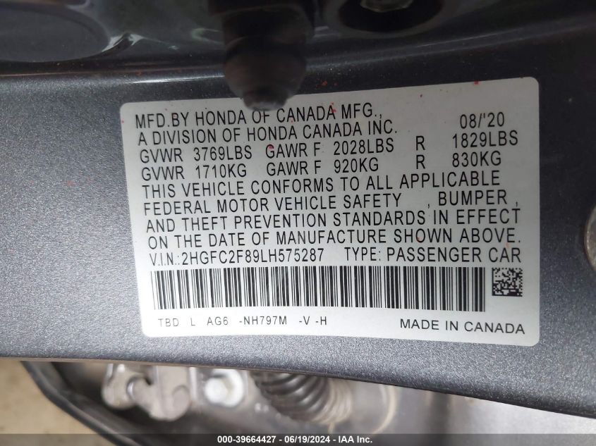 2020 Honda Civic Sport VIN: 2HGFC2F89LH575287 Lot: 39664427