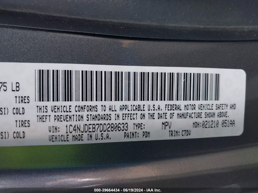 2013 Jeep Compass Latitude VIN: 1C4NJDEB7DD280633 Lot: 39664434
