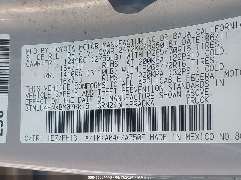 2011 Toyota Tacoma Base V6 VIN: 3TMLU4ENXBM076015 Lot: 39664446