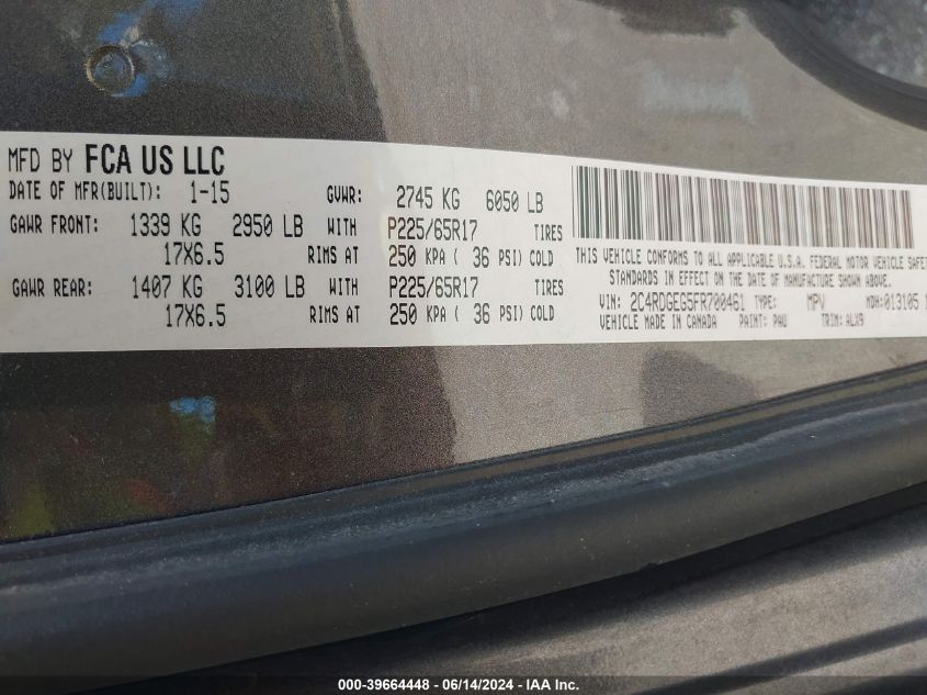 2015 Dodge Grand Caravan R/T VIN: 2C4RDGEG5FR700461 Lot: 39664448