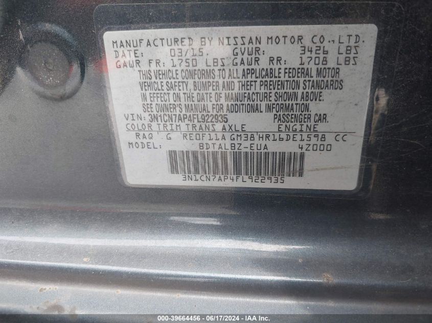 2015 Nissan Versa 1.6 Sv VIN: 3N1CN7AP4FL922935 Lot: 39664456