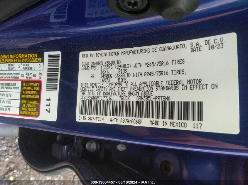 2023 Toyota Tacoma Sr5 V6 VIN: 3TYCZ5ANXPT177161 Lot: 39664457