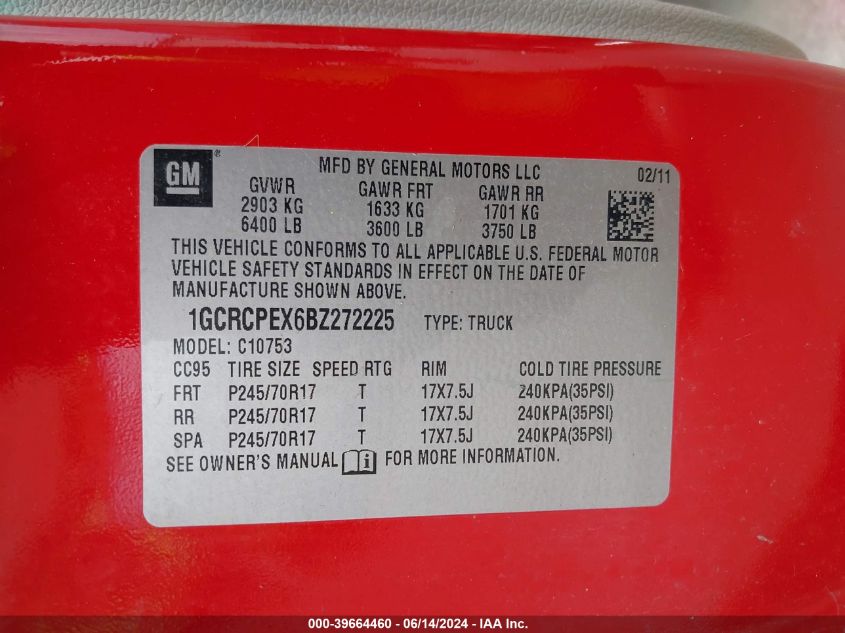 2011 Chevrolet Silverado 1500 Work Truck VIN: 1GCRCPEX6BZ272225 Lot: 39664460