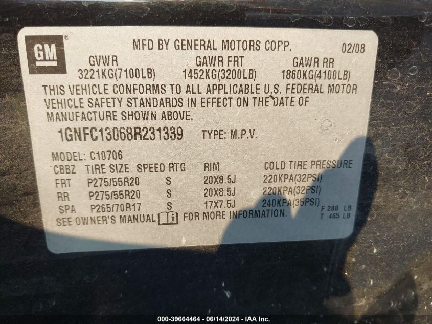 2008 Chevrolet Tahoe Ltz VIN: 1GNFC13068R231339 Lot: 39664464