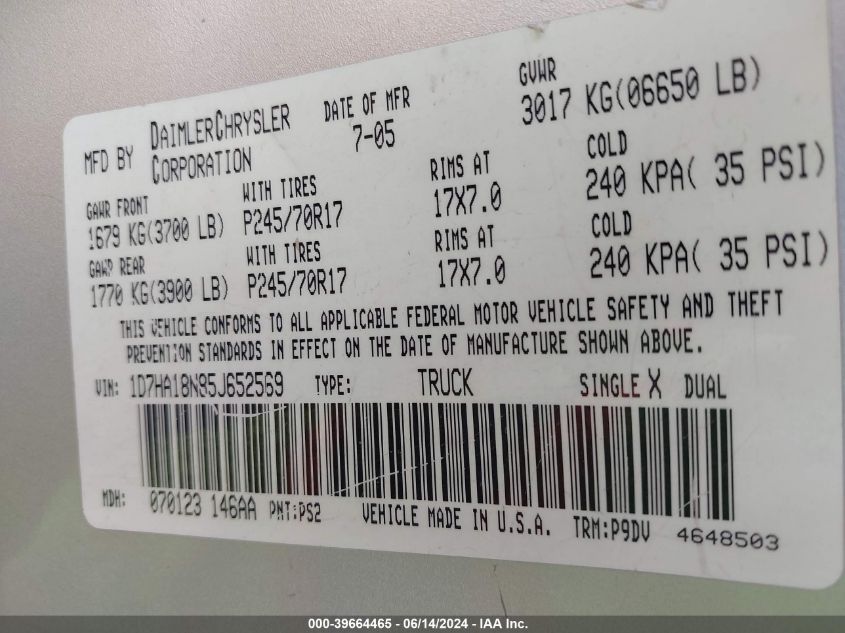 2005 Dodge Ram 1500 St VIN: 1D7HA18N85J652569 Lot: 39664465