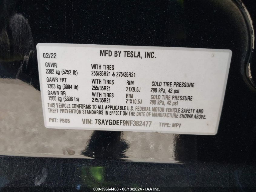 2022 Tesla Model Y Performance Dual Motor All-Wheel Drive VIN: 7SAYGDEF9NF382477 Lot: 39664468