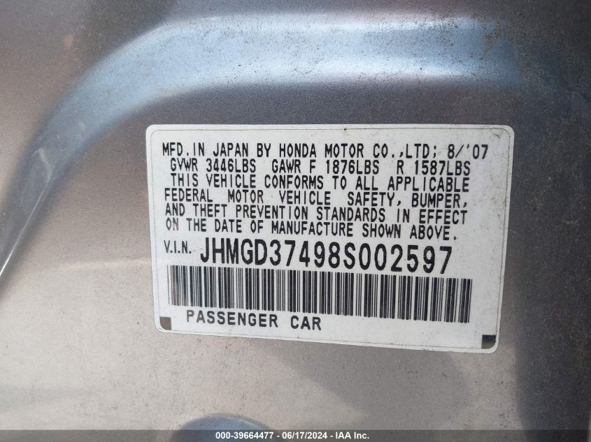 2008 Honda Fit VIN: JHMGD37498S002597 Lot: 39664477