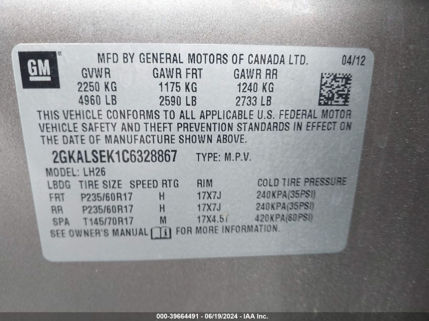 2012 GMC Terrain Sle-2 VIN: 2GKALSEK1C6328867 Lot: 39664491