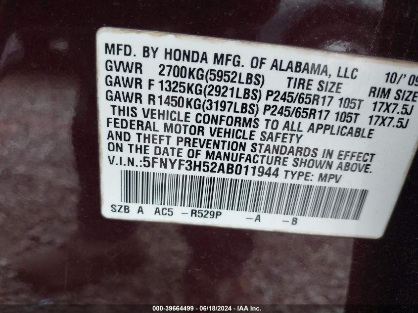 2010 Honda Pilot Ex-L VIN: 5FNYF3H52AB011944 Lot: 39664499