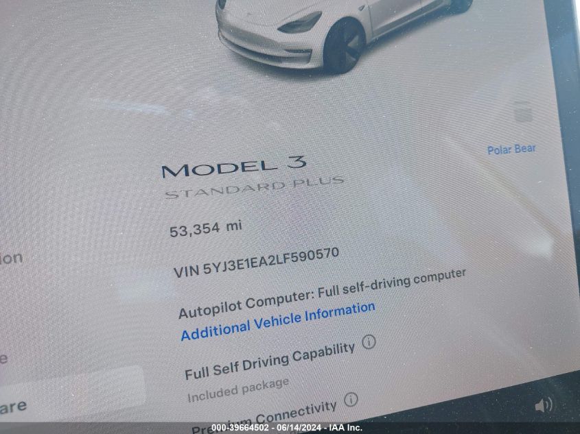 2020 Tesla Model 3 Standard Range Plus Rear-Wheel Drive/Standard Range Rear-Wheel Drive VIN: 5YJ3E1EA2LF590570 Lot: 39664502