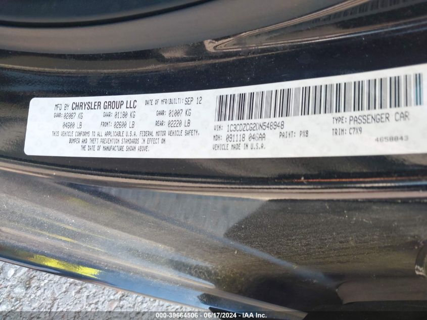 2013 Dodge Avenger Sxt VIN: 1C3CDZCG2DN548948 Lot: 39664506