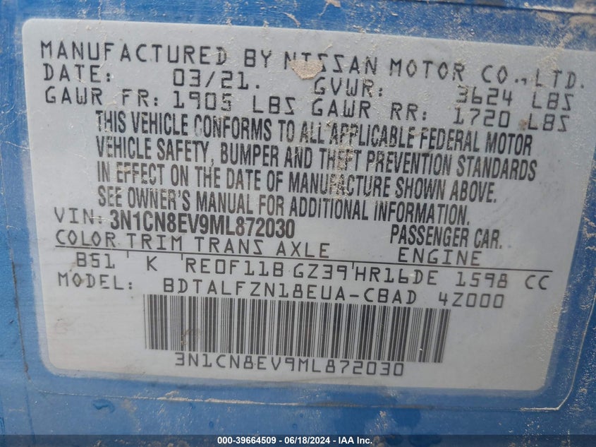 2021 NISSAN VERSA SV XTRONIC CVT - 3N1CN8EV9ML872030