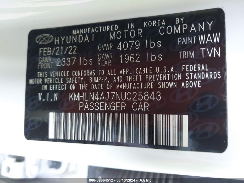 2022 Hyundai Elantra Hybrid Limited VIN: KMHLN4AJ7NU025843 Lot: 39664512