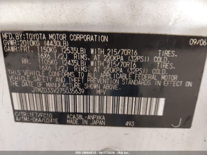 2007 Toyota Rav4 VIN: JTMZD33V275035639 Lot: 39664515
