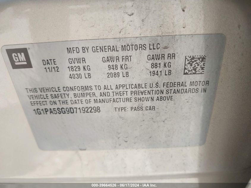 2013 Chevrolet Cruze Ls Auto VIN: 1G1PA5SG9D7192298 Lot: 39664526