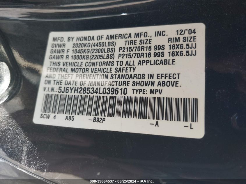 2004 Honda Element Ex VIN: 5J6YH28534L039610 Lot: 39664537