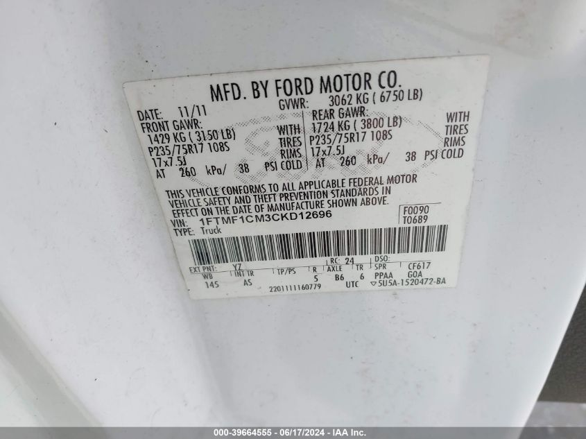 2012 Ford F-150 Xl VIN: 1FTMF1CM3CKD12696 Lot: 39664555