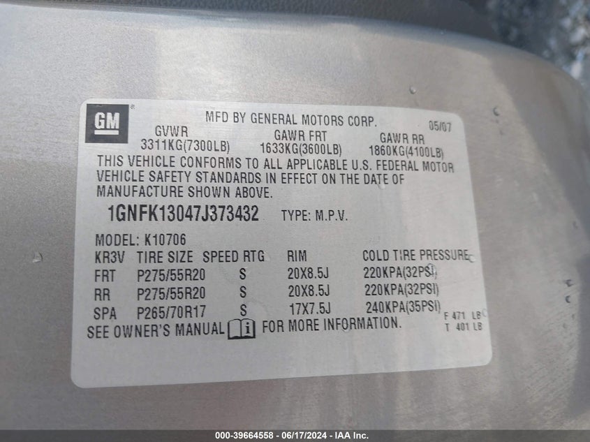 2007 Chevrolet Tahoe Ltz VIN: 1GNFK13047J373432 Lot: 39664558