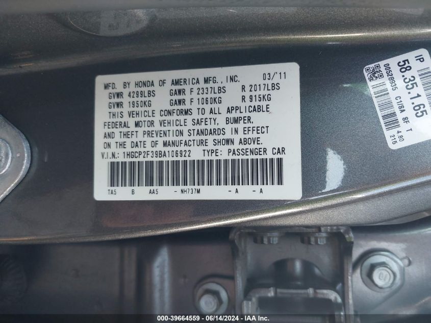 2011 Honda Accord 2.4 Lx VIN: 1HGCP2F39BA106922 Lot: 39664559