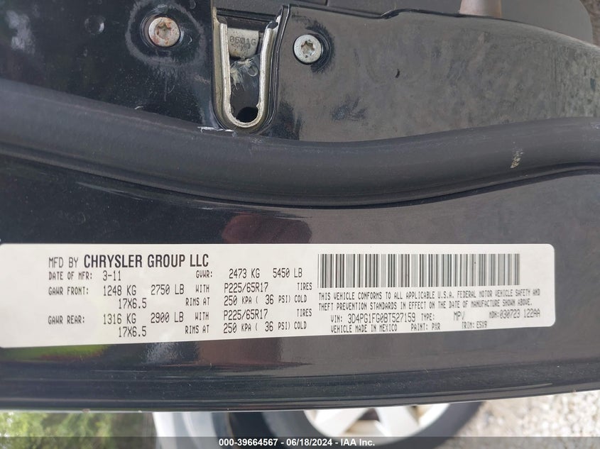 2011 Dodge Journey Mainstreet VIN: 3D4PG1FG0BT527159 Lot: 39664567