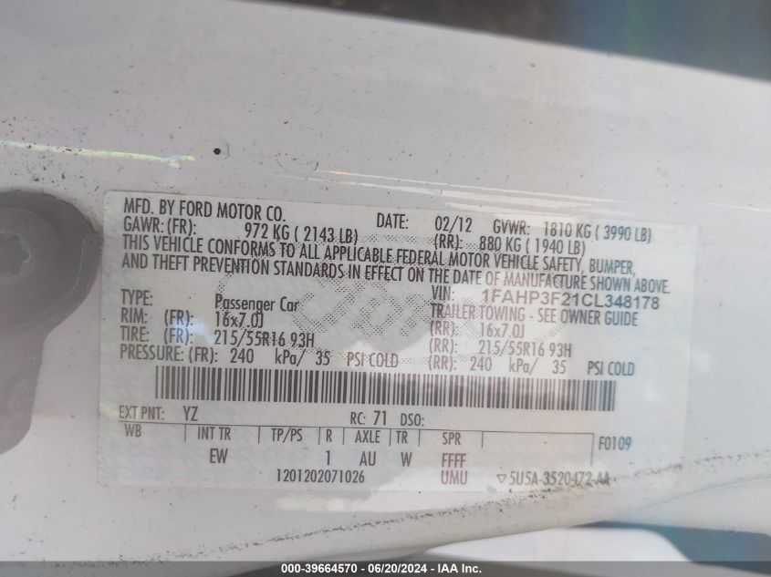 2012 Ford Focus Se VIN: 1FAHP3F21CL348178 Lot: 39664570