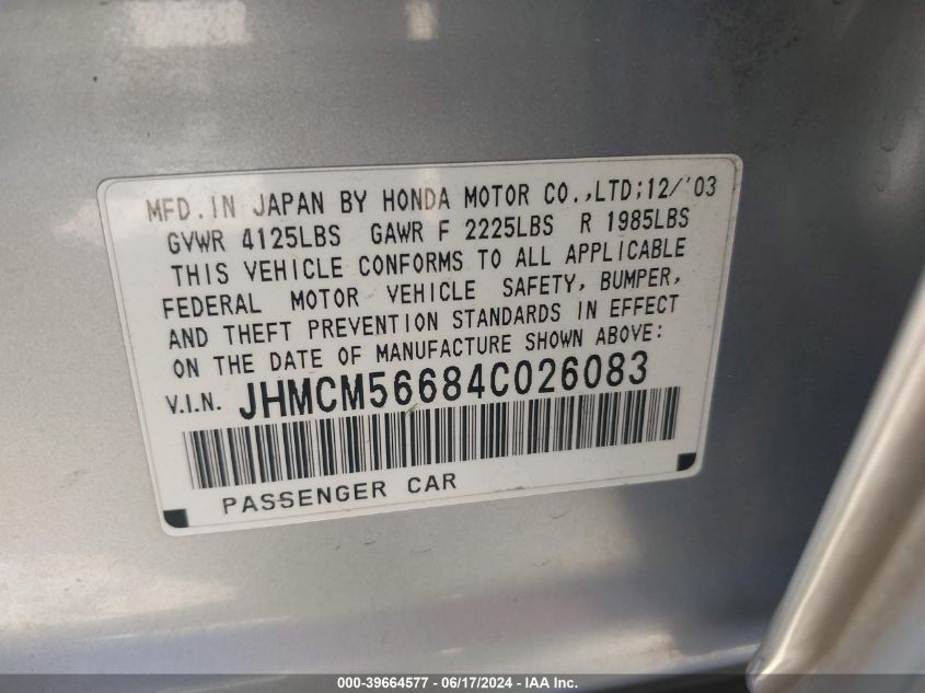 2004 Honda Accord 2.4 Ex VIN: JHMCM56684C026083 Lot: 39664577