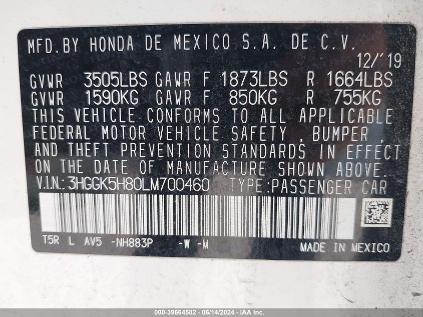 2020 Honda Fit Ex VIN: 3HGGK5H80LM700460 Lot: 39664582