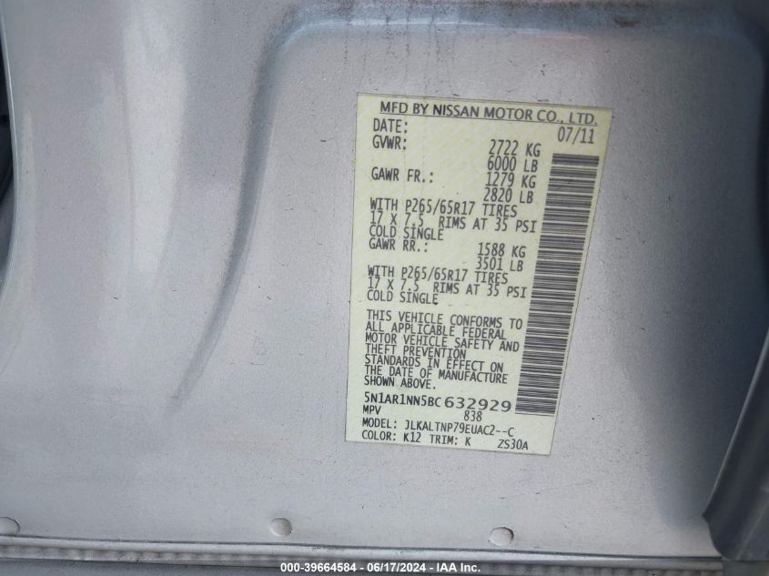 2011 Nissan Pathfinder Sv VIN: 5N1AR1NN5BC632929 Lot: 39664584