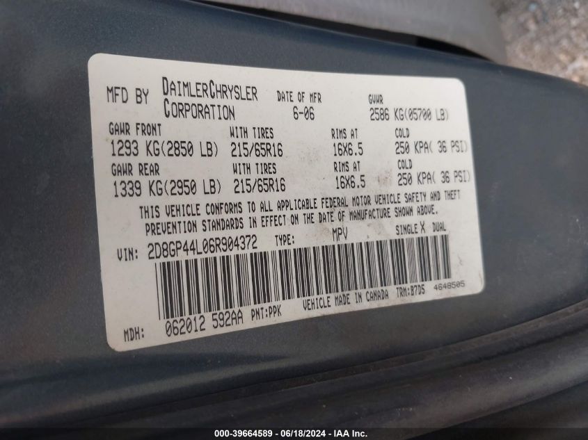 2006 Dodge Grand Caravan Sxt VIN: 2D8GP44L06R904372 Lot: 39664589