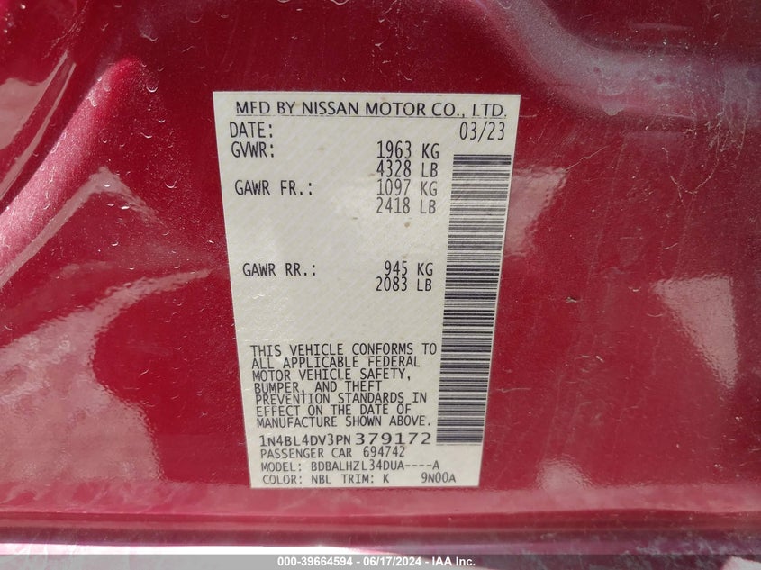 1N4BL4DV3PN379172 2023 Nissan Altima Sv Fwd