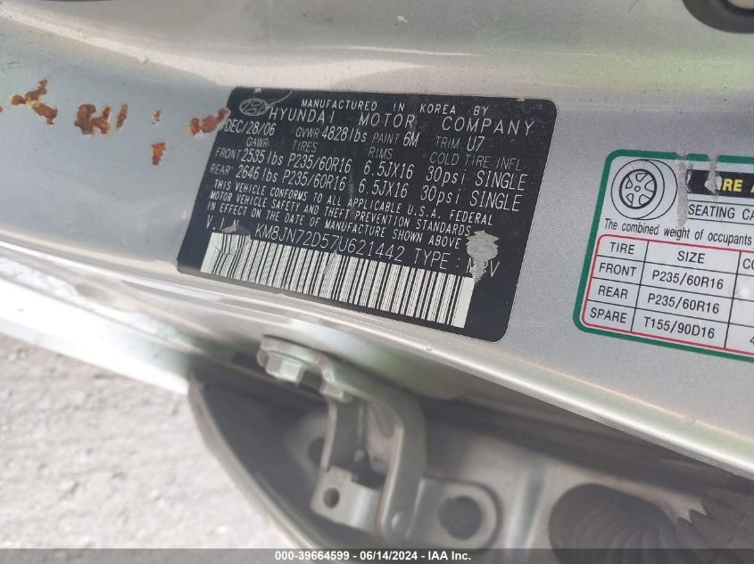 2007 Hyundai Tucson Limited/Se VIN: KM8JN72D57U621442 Lot: 39664599