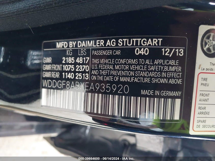 2014 Mercedes-Benz C 300 Luxury 4Matic/Sport 4Matic VIN: WDDGF8ABXEA935920 Lot: 39664600