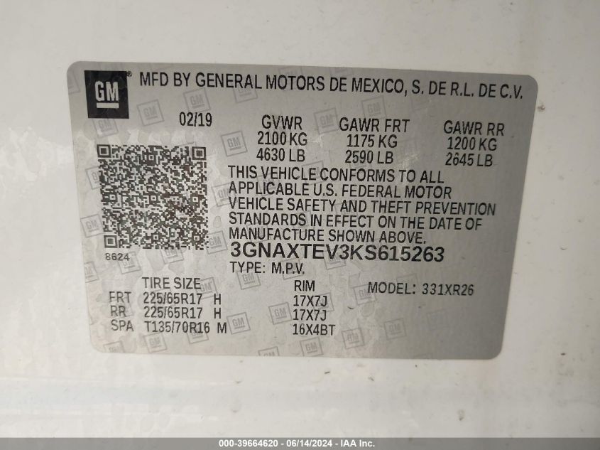 2019 Chevrolet Equinox Lt VIN: 3GNAXTEV3KS615263 Lot: 39664620