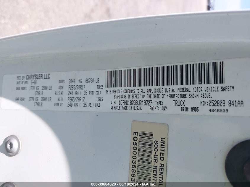 2008 Dodge Ram 1500 Slt VIN: 1D7HU18238J219727 Lot: 39664629