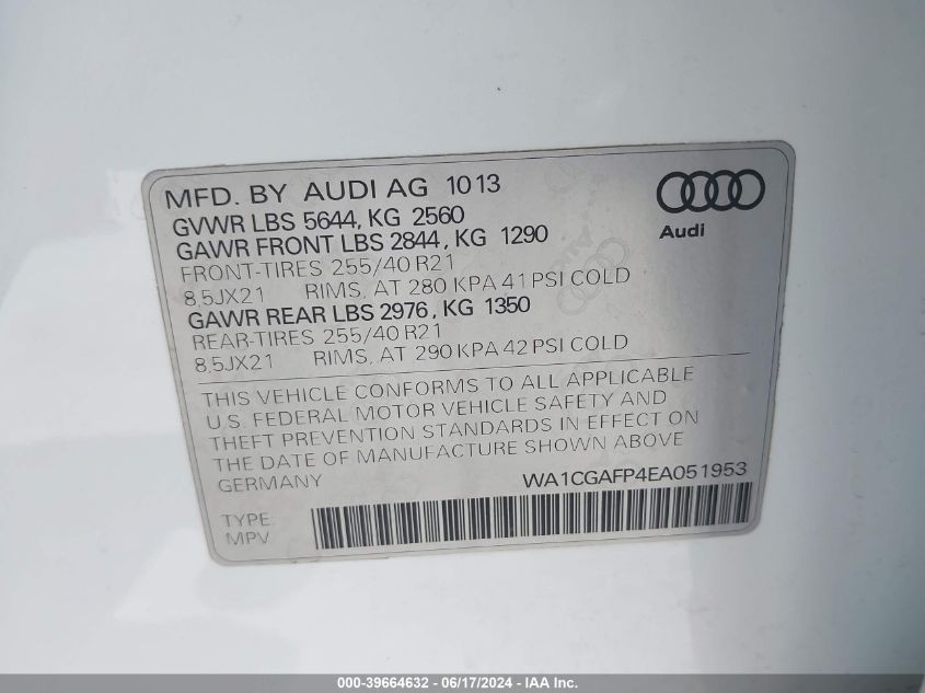 2014 Audi Sq5 3.0T Premium Plus VIN: WA1CGAFP4EA051953 Lot: 39664632