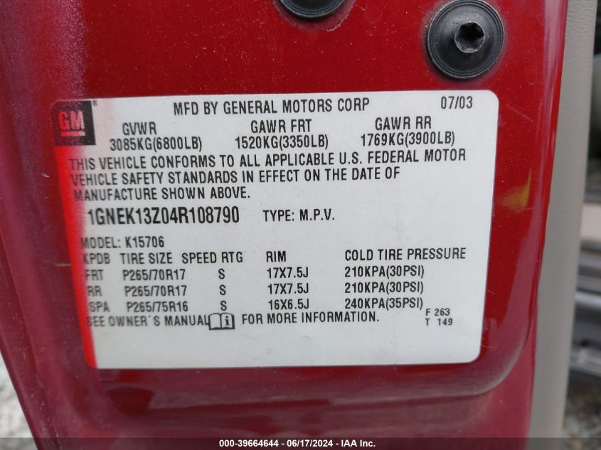 2004 Chevrolet Tahoe Z71 VIN: 1GNEK13Z04R108790 Lot: 39664644