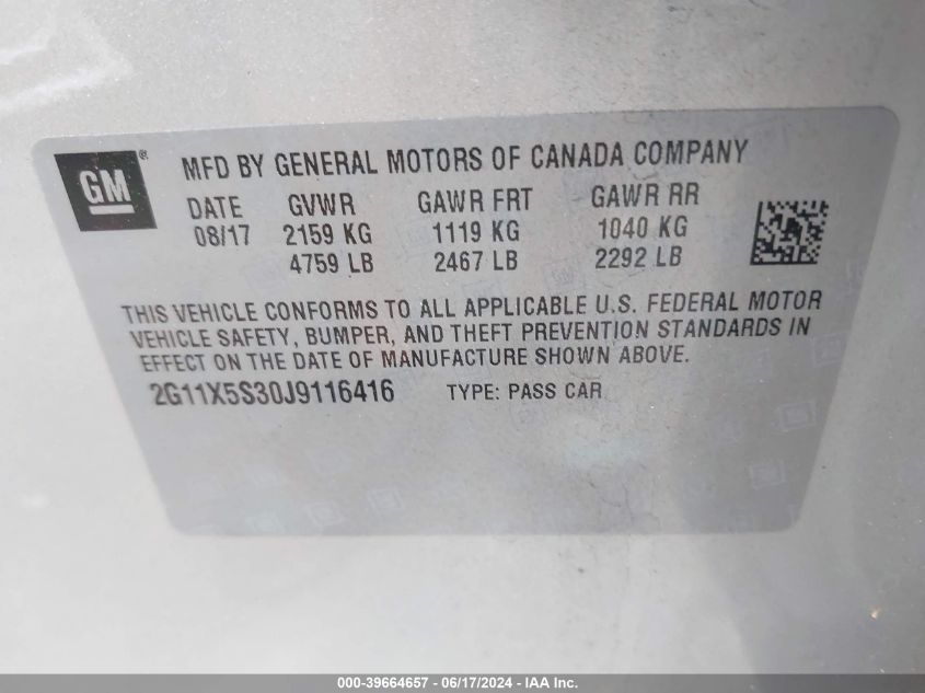 2018 Chevrolet Impala 1Fl VIN: 2G11X5S30J9116416 Lot: 39664657